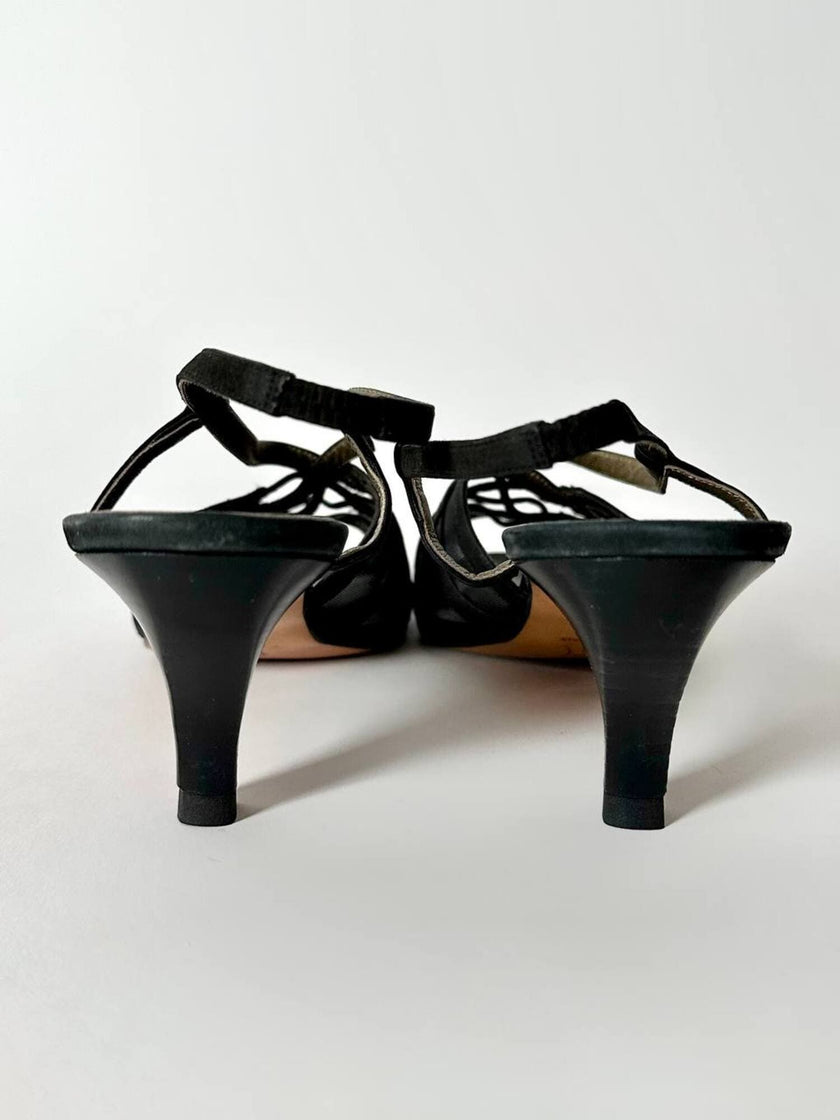 Sandali vintage Yves Saint Laurent in rete mesh nera e nabuk