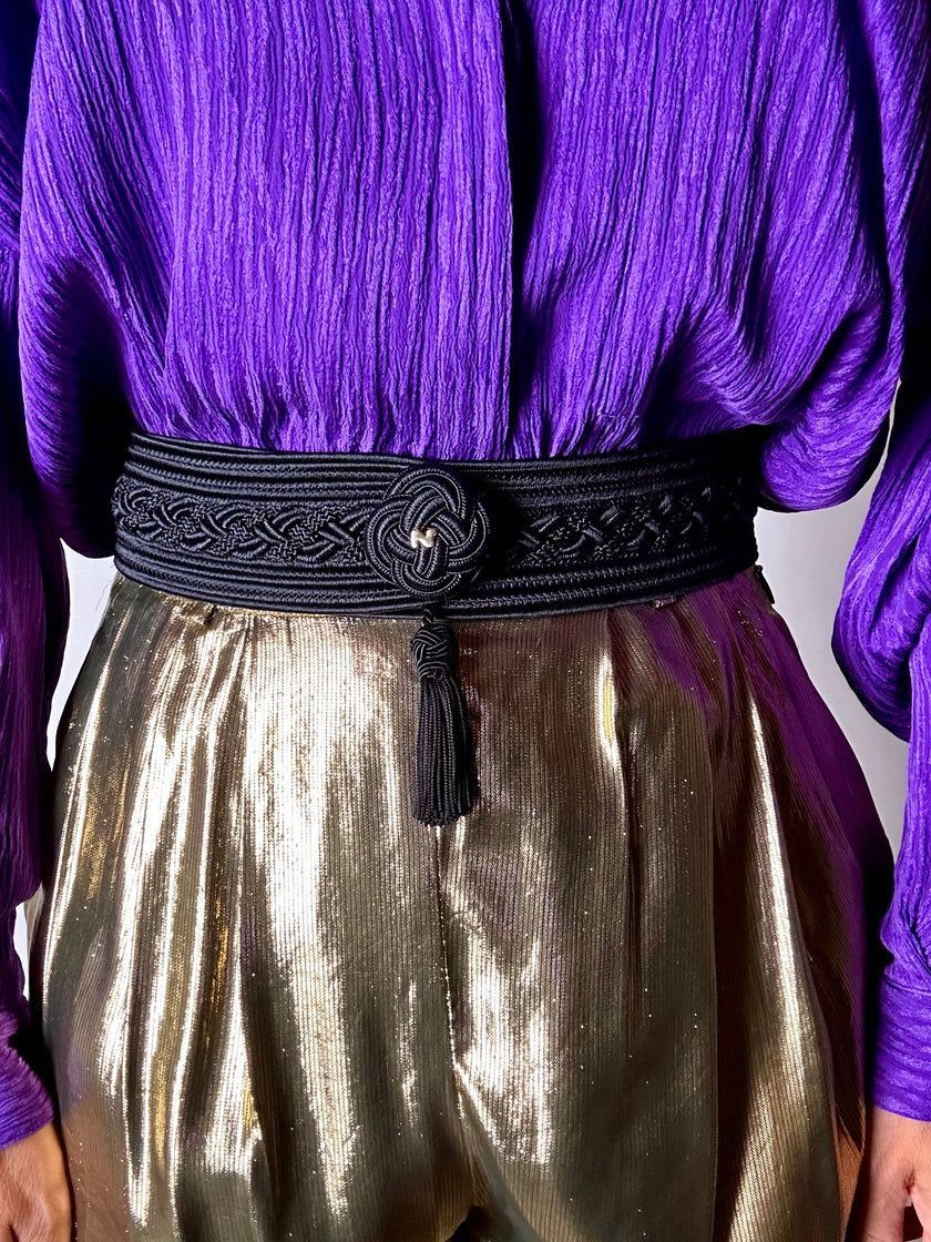 Cintura vintage Nina Ricci nera in passamaneria intrecciata con nappa couture