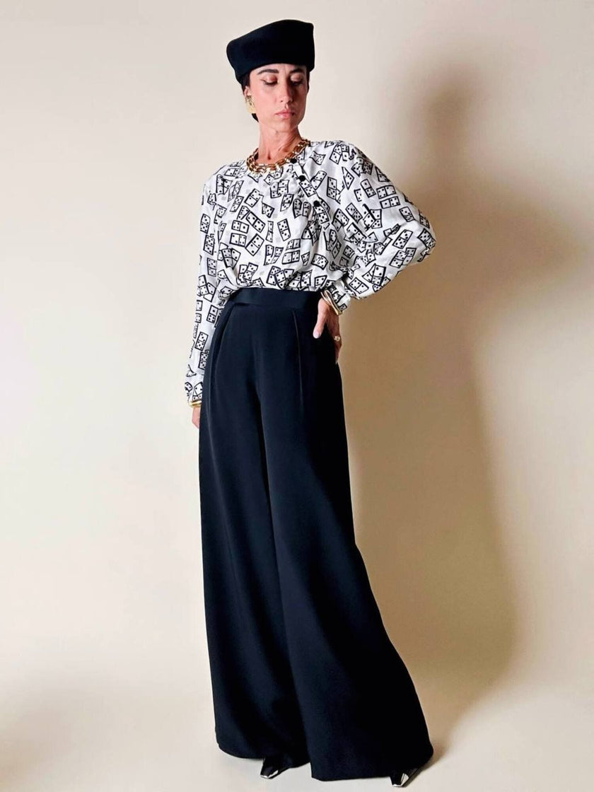 Blusa Yves Saint Laurent in tessuto jacquard bianco e nero fantasia Domino