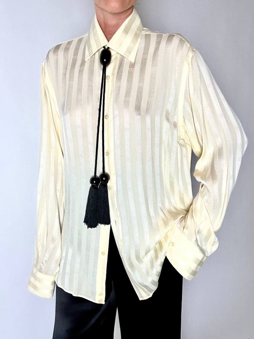 Chemise vintage en soie Valentino Garavani ivoire à rayures avec logos all-over