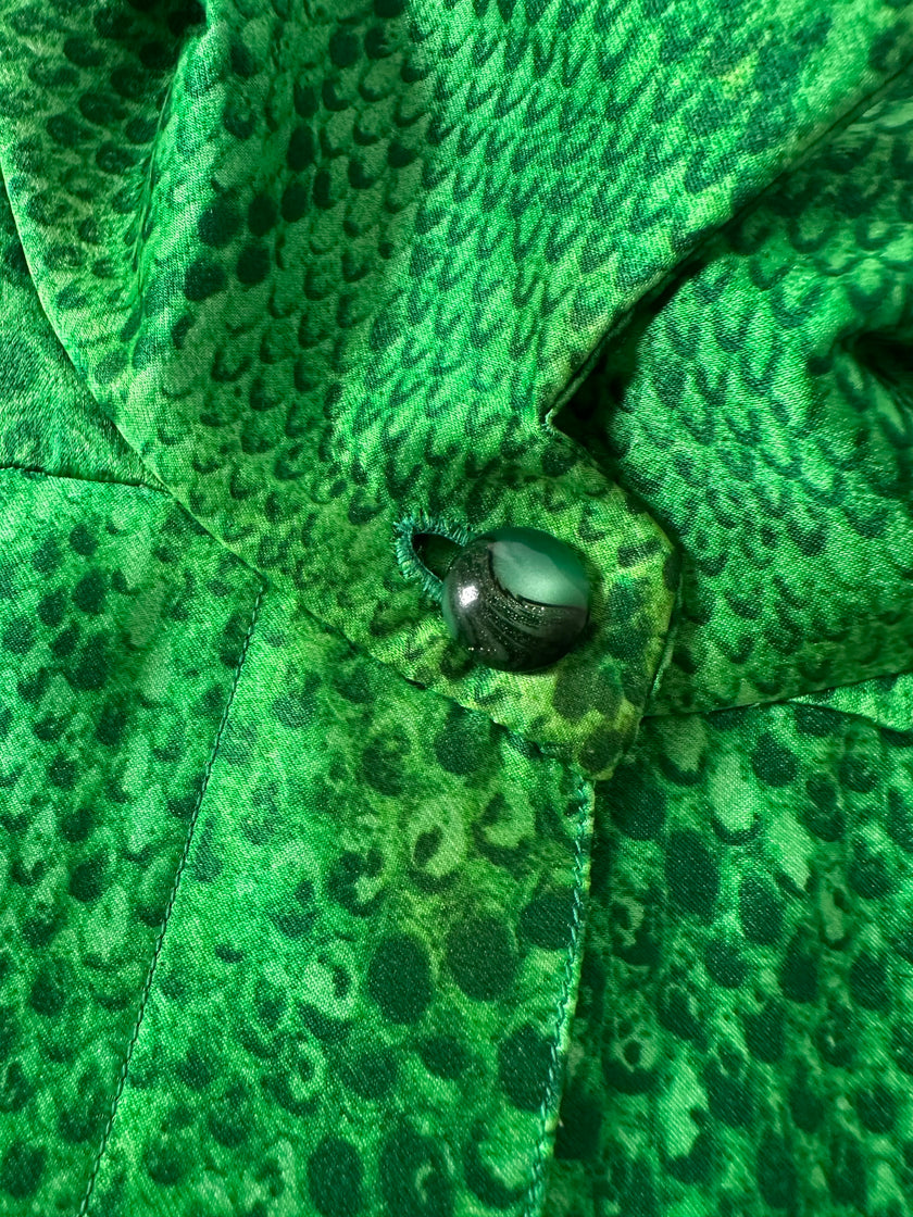 Camicia vintage sartoriale in raso di seta stampa pitone verde smeraldo
