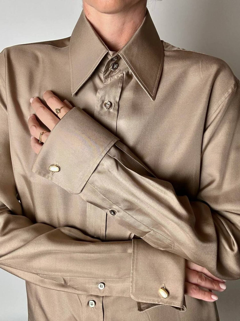 Vintage Gucci dove-grey silk shirt with mother-of-pearl buttons and French cuffs