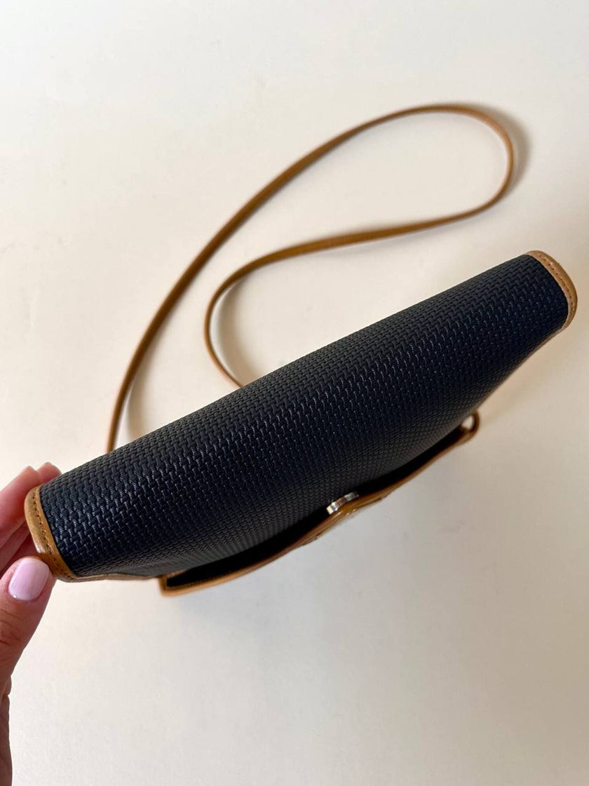 Borsa bandoulière Yves Saint Laurent in tessuto tramato nero con dettagli in pelle cuoio