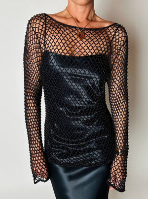 Maglia gioiello vintage List in rete operata con microperline nere