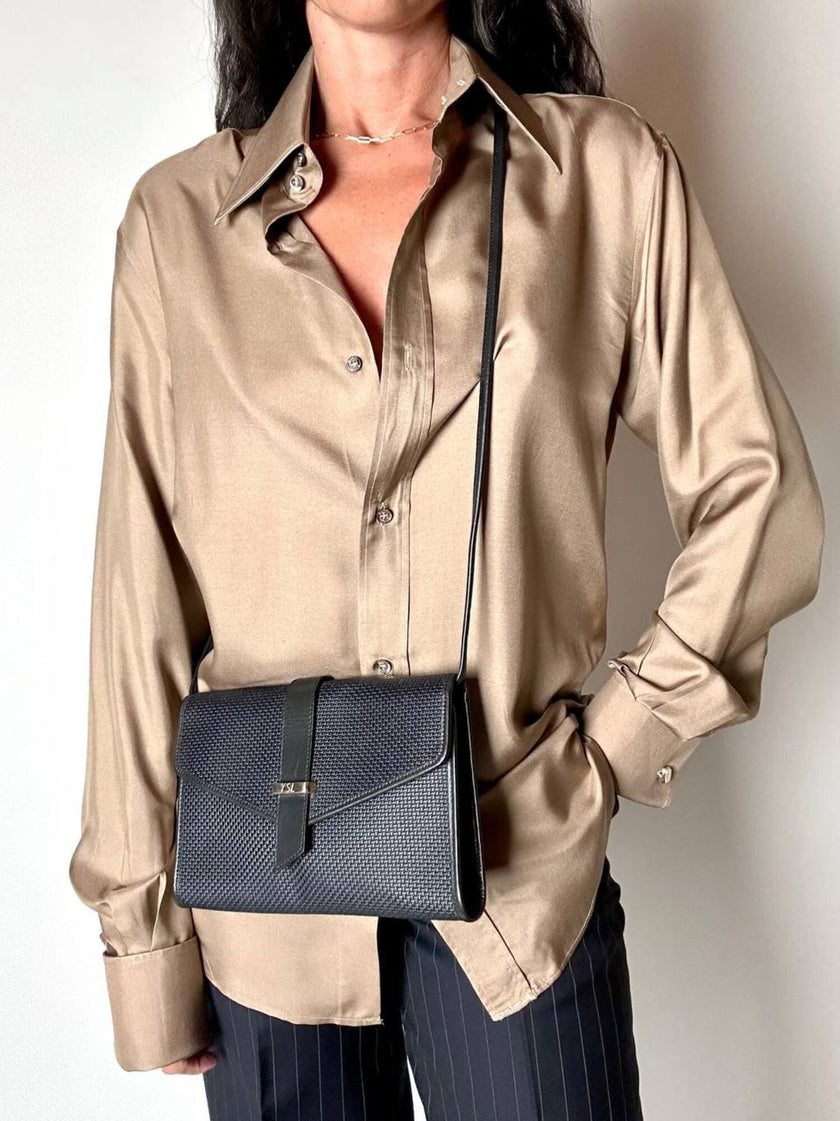 Borsa bandoulière vintage Yves Saint Laurent in tessuto plastificato e pelle blu notte