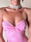 Mini dress rosa in tessuto stretch con micro paillettes trasparenti termo-adesive “La Perla”