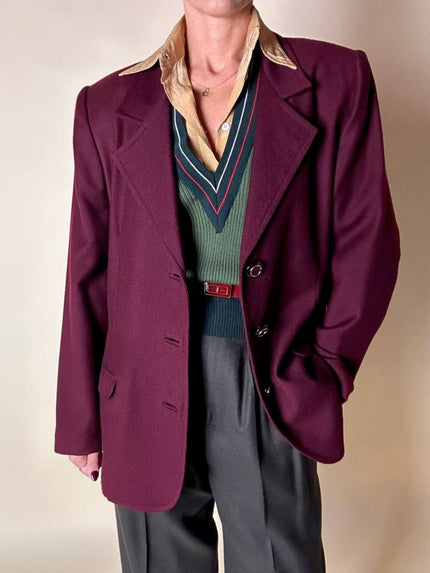 Blazer sartoriale in rasato di lana bordeaux con bottoni gioiello