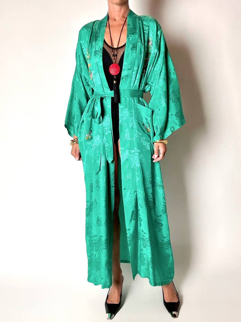 Green rayon jacquard kimono robe with multicolor embroidery