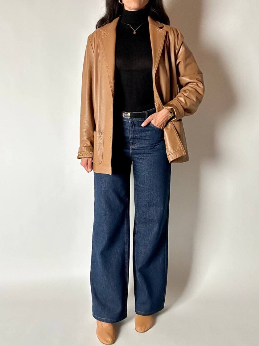 Vintage tan leather jacket with hand-stitched detailing by Claude Collections