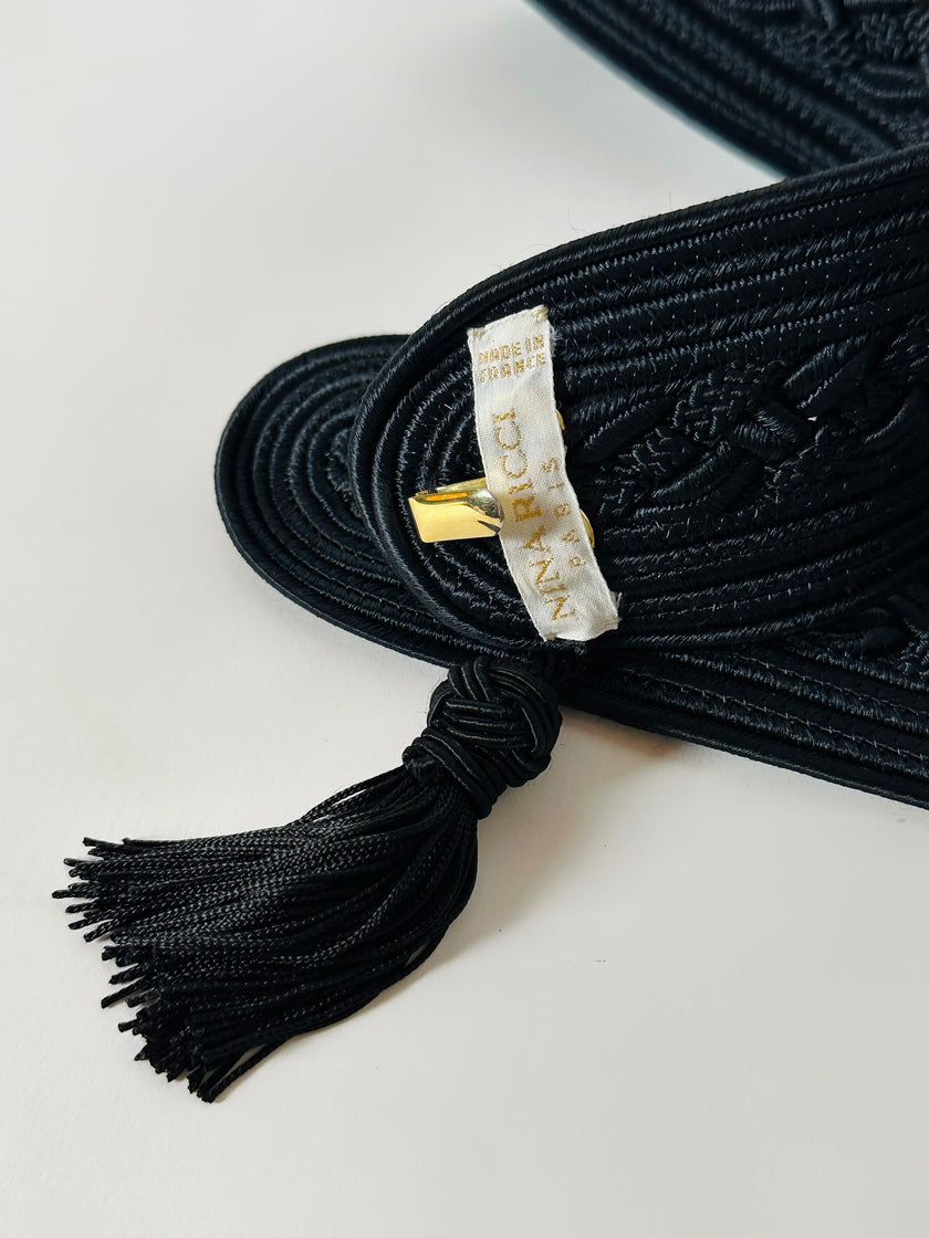 Cintura vintage Nina Ricci nera in passamaneria intrecciata con nappa couture