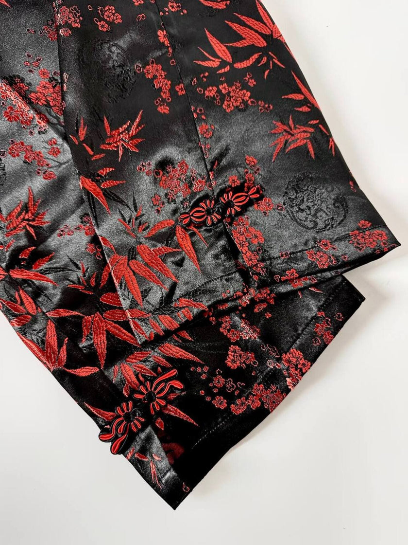 Pantalone vintage a vita alta in raso jacquard nero e rosso fantasia bambù e fiori di prugno