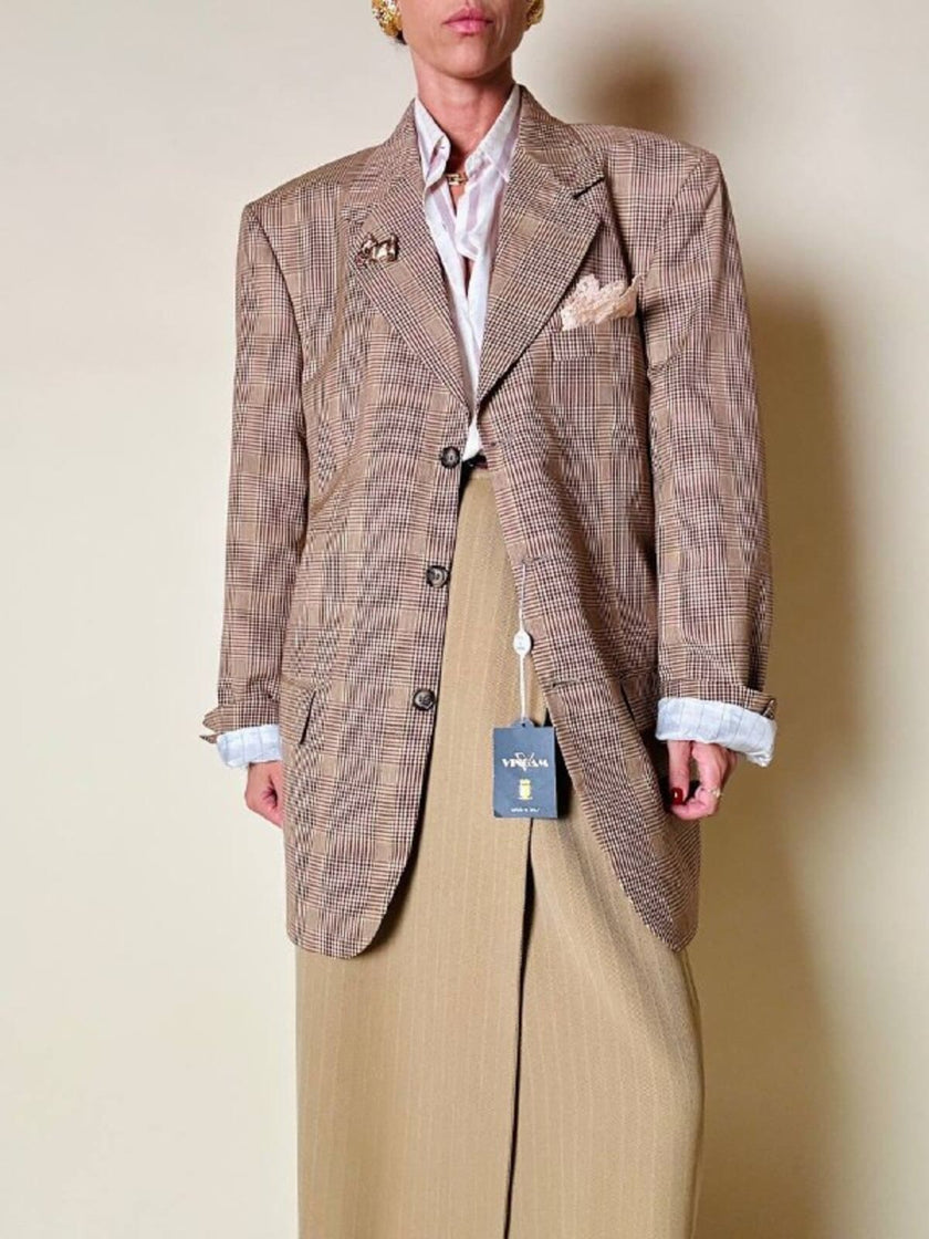 Blazer oversize in fresco di lana principe di Galles beige e marrone Vincam