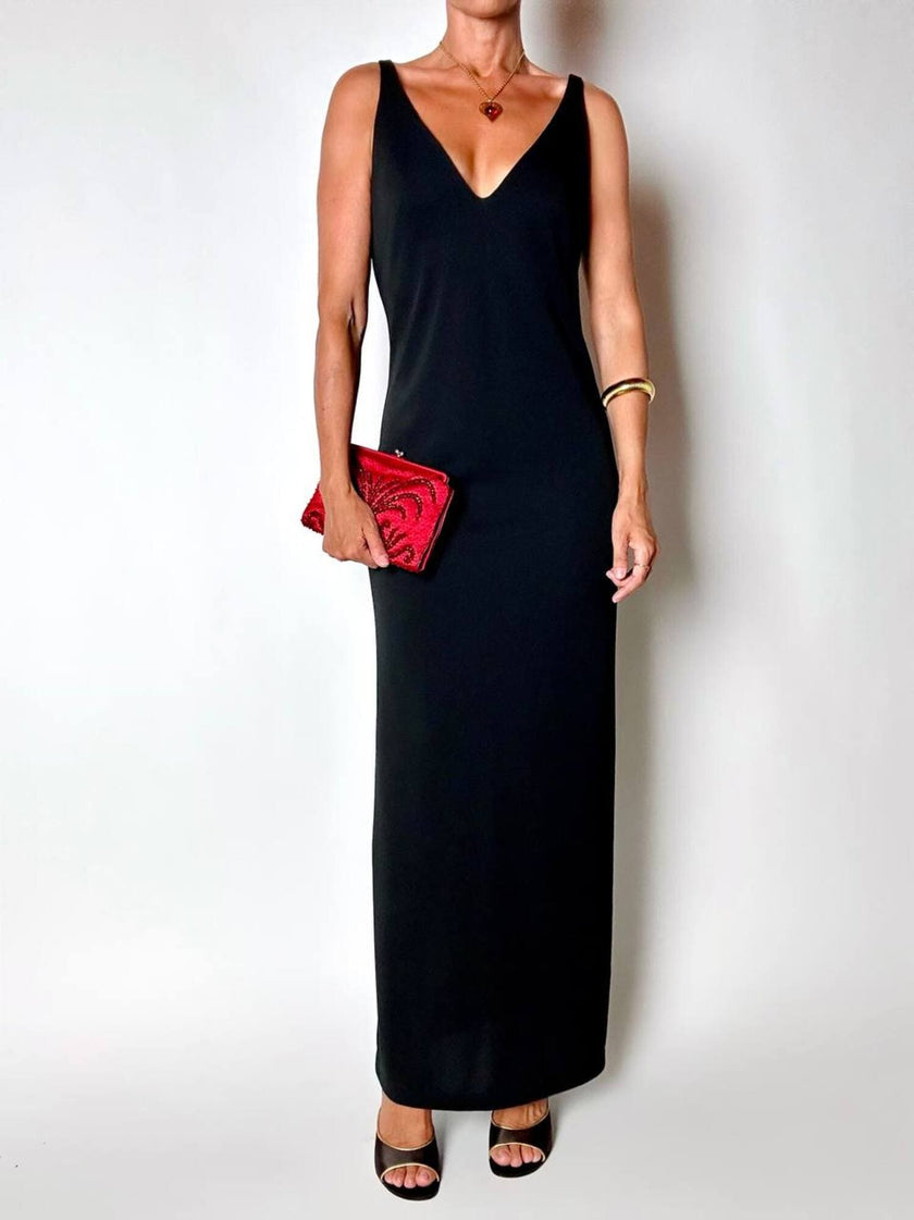Abito lungo vintage La Perla in tessuto nero con coppe preformate e spacco posteriore