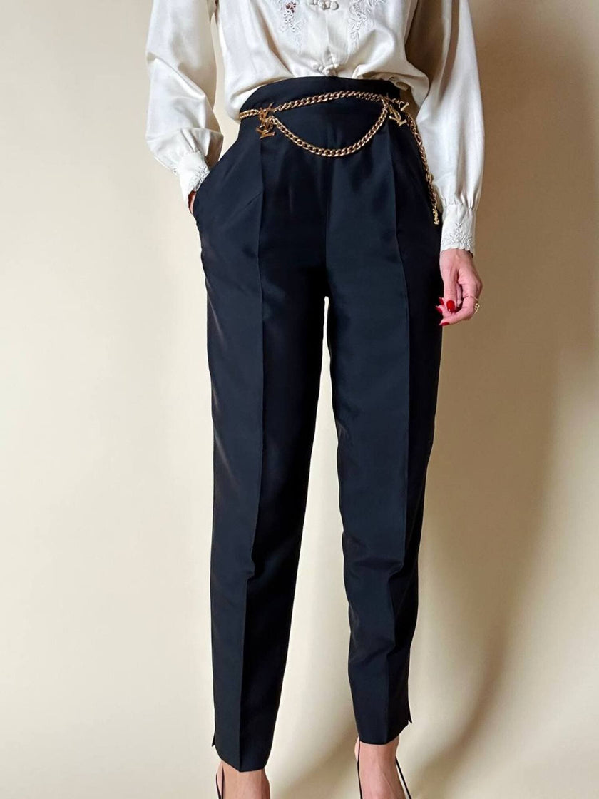 Pantalone vintage Gucci modello a vita alta con piega in seta nera