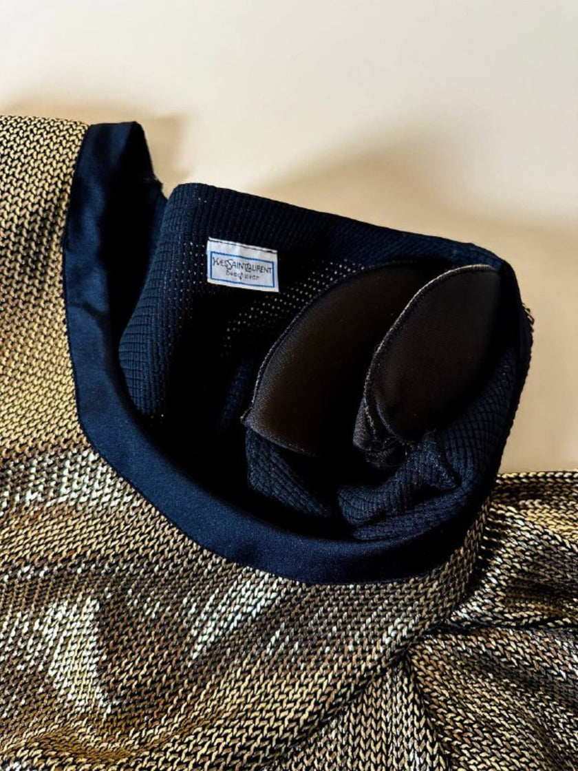 Mini dress oro in tessuto operato con profili neri in raso nero  “Yves Saint Laurent”