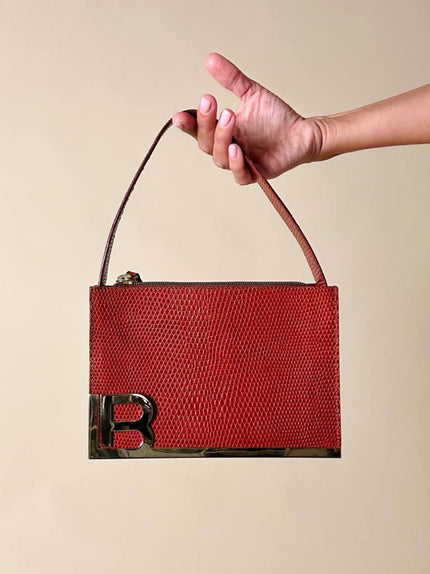 Borsa Laura Biagiotti in pelle stampa lizard color cognac con iniziali BL