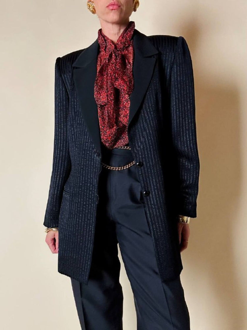 Blazer nero a righe in tessuto lucido “State off Claude Montana”