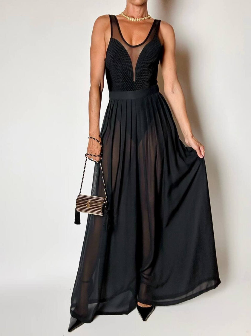 Schwarze Palazzo-Hose mit hoher Taille aus Voile