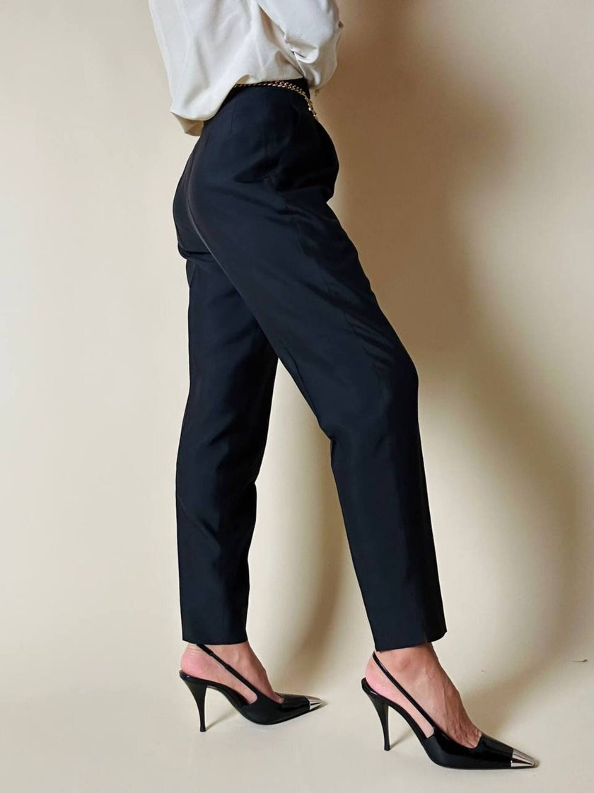 Pantalone vintage Gucci modello a vita alta con piega in seta nera