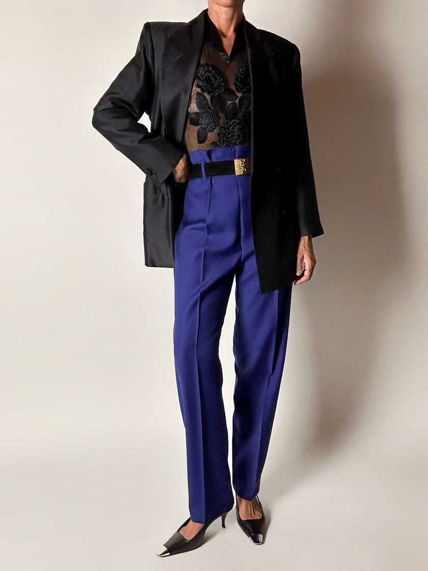 Pantalone vintage Cristina Gavioli a vita con piega in lana blu violetto