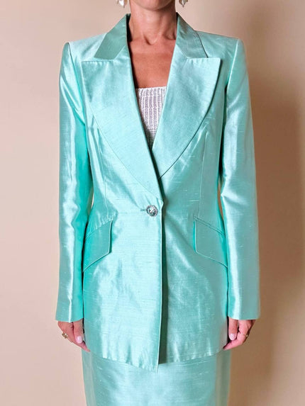 Tailleur giacca e gonna in shantung di seta acqua marina con bottoni gioiello “Escada”