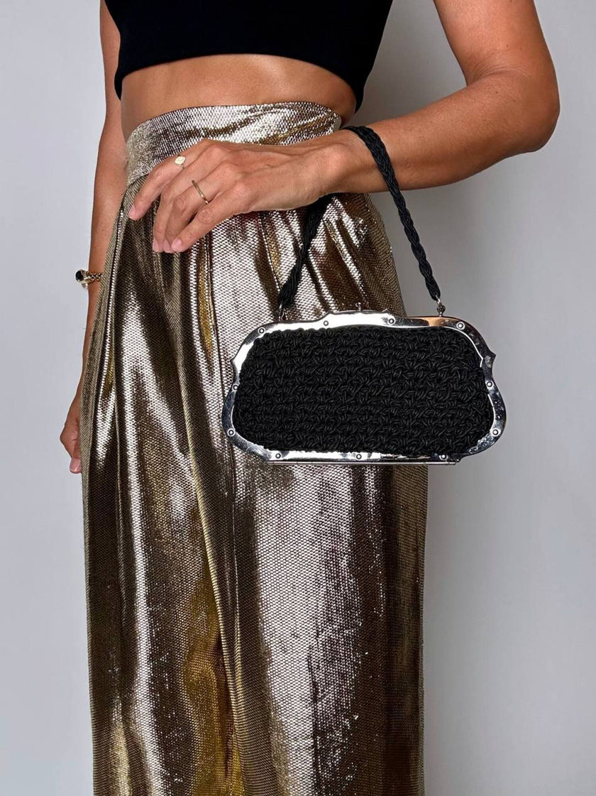 Borsa da sera vintage Art Déco in crochet  nero con montatura in metallo argentato