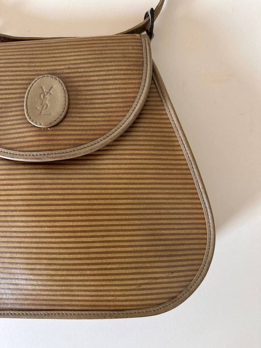 Borsa Yves Saint Laurent in tessuto plastificato millerighe color cammello con riporti in pelle argilla