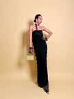 Abito/gonna in crepe di seta nero con frange a balze