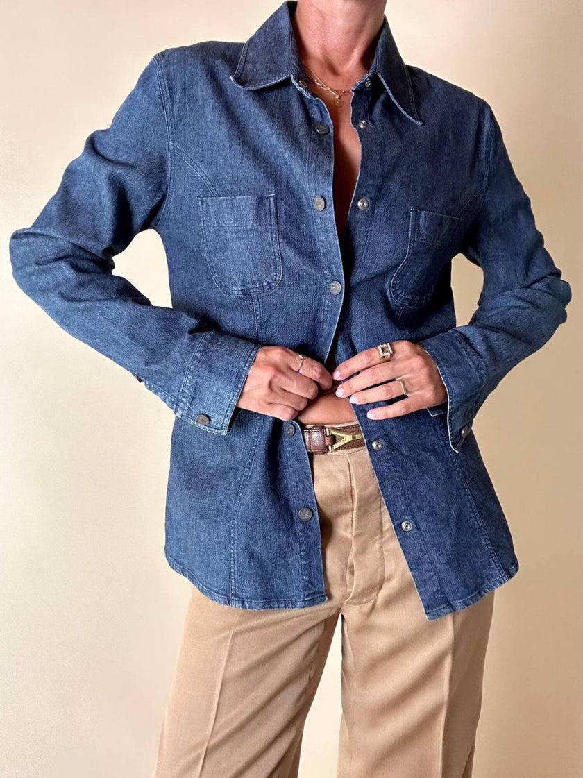 Camicia Fendissime in denim blu con bottoni  moneta da 10 lire