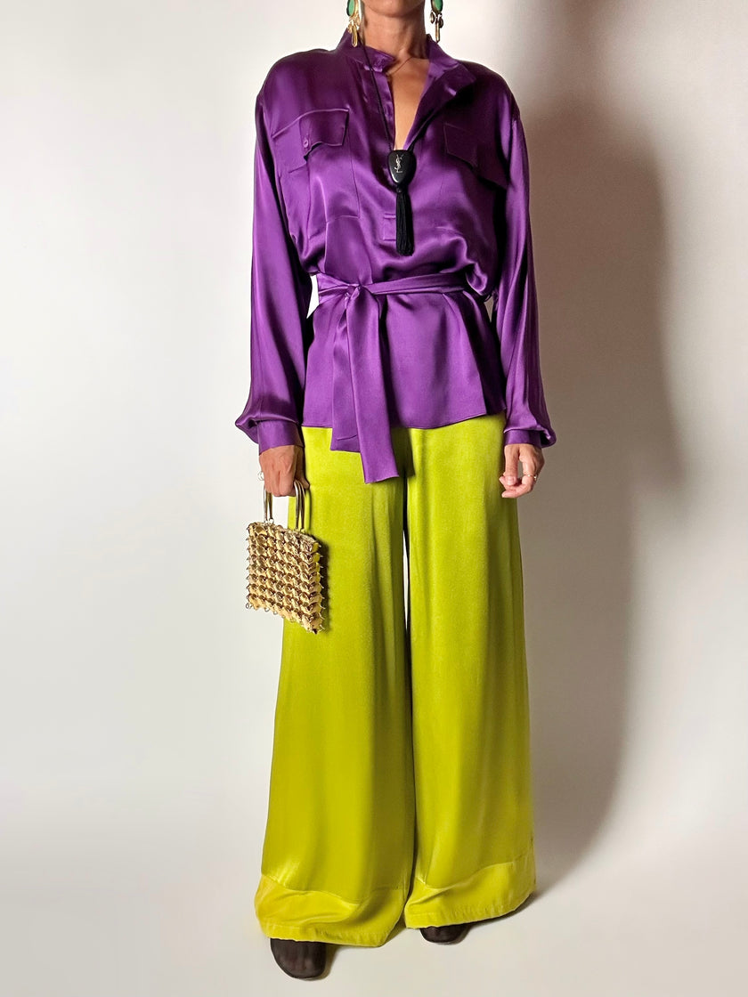 Pantalone vintage Guy Laroche Couture modello a palazzo in raso verde lime