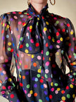 Camicia con fiocco in chiffon di seta nero a pois multicolor “D&G”