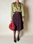 Gonna sartoriale A-Line in lana bouclé grigio antracite e rosso con bottoni in pelle