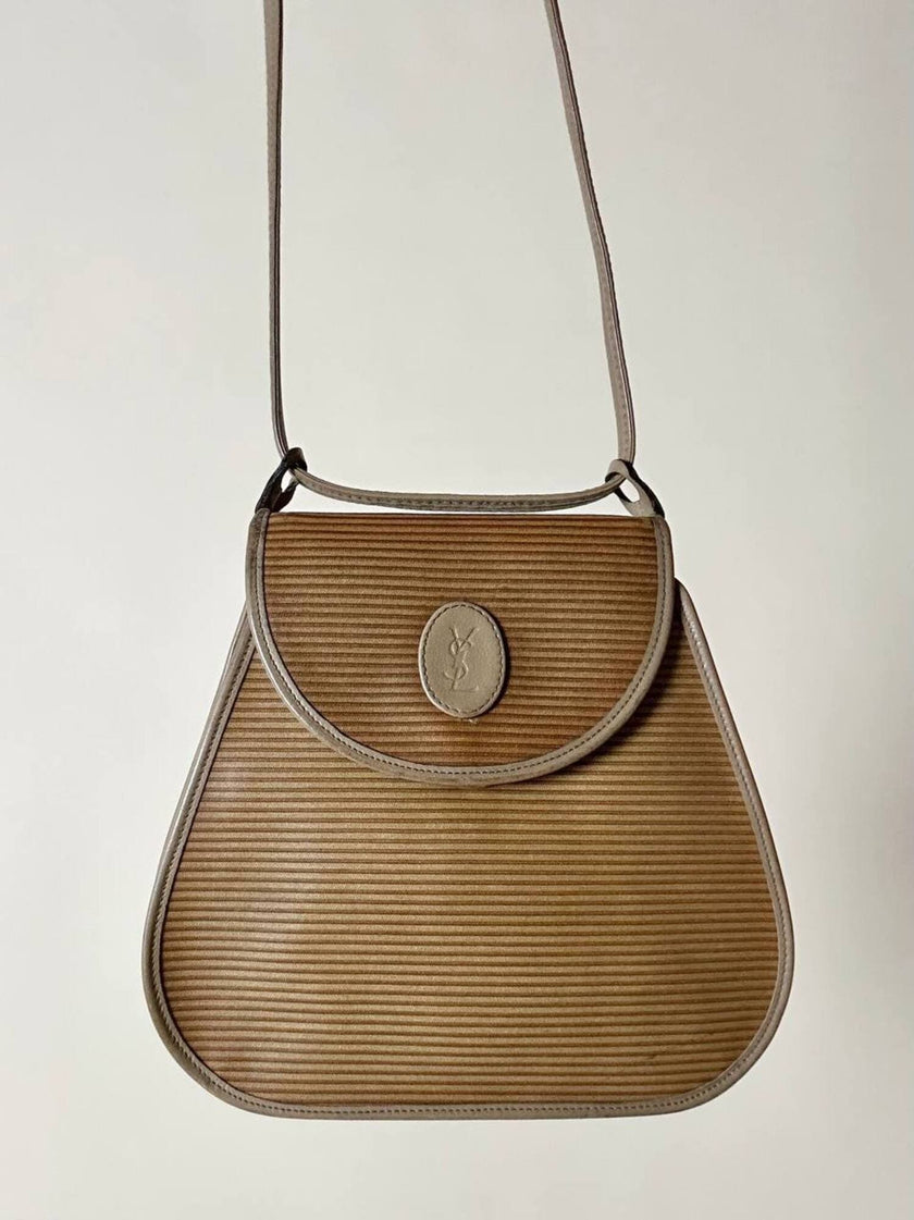 Borsa Yves Saint Laurent in tessuto plastificato millerighe color cammello con riporti in pelle argilla