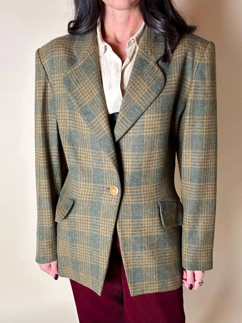 Blazer Yves Saint Laurent de lana con estampado de Príncipe de Gales verde y ocre