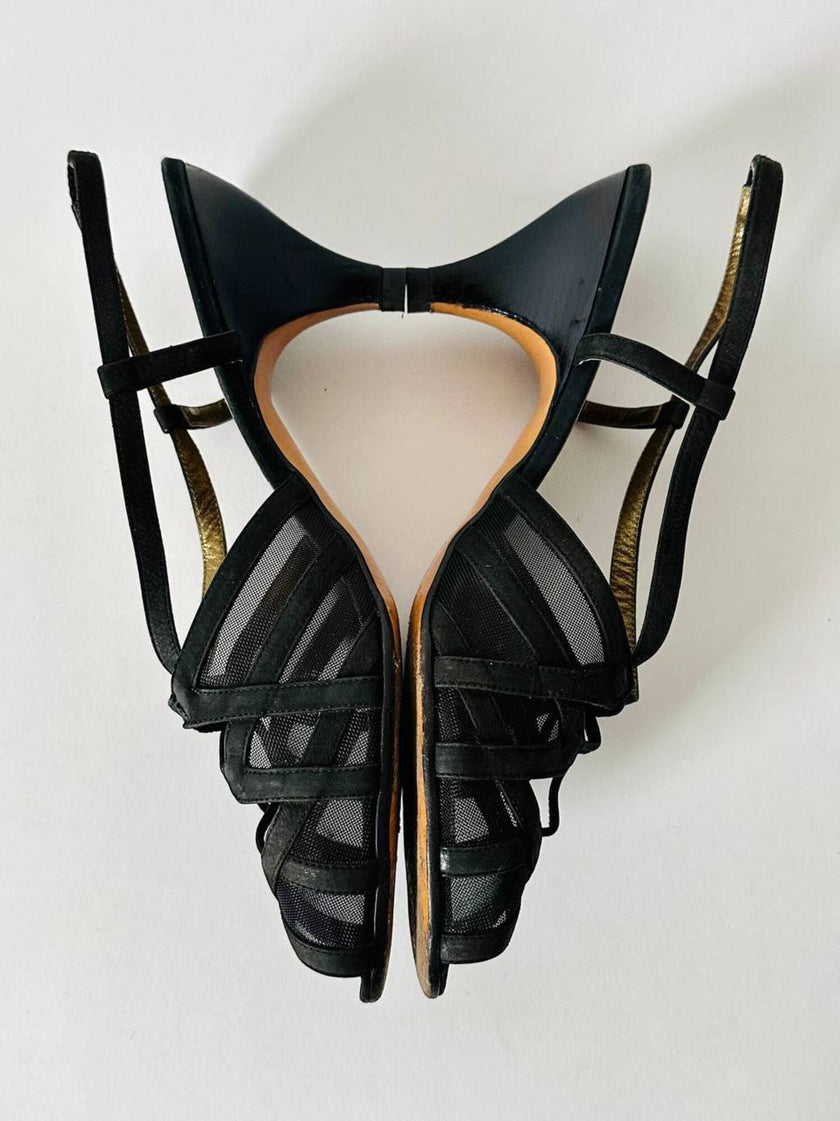 Sandali vintage Yves Saint Laurent in rete mesh nera e nabuk