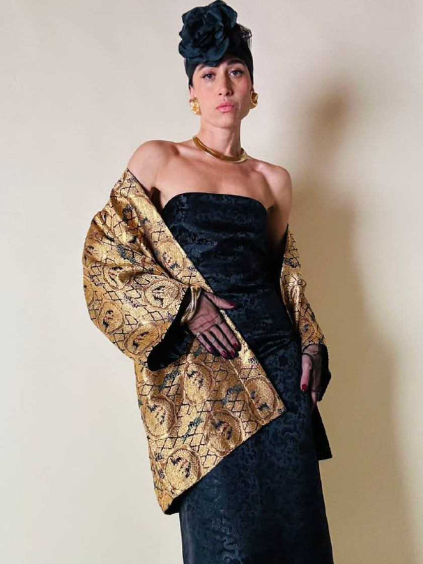 Abito a fascia in broccato di seta nero fantasia orientale