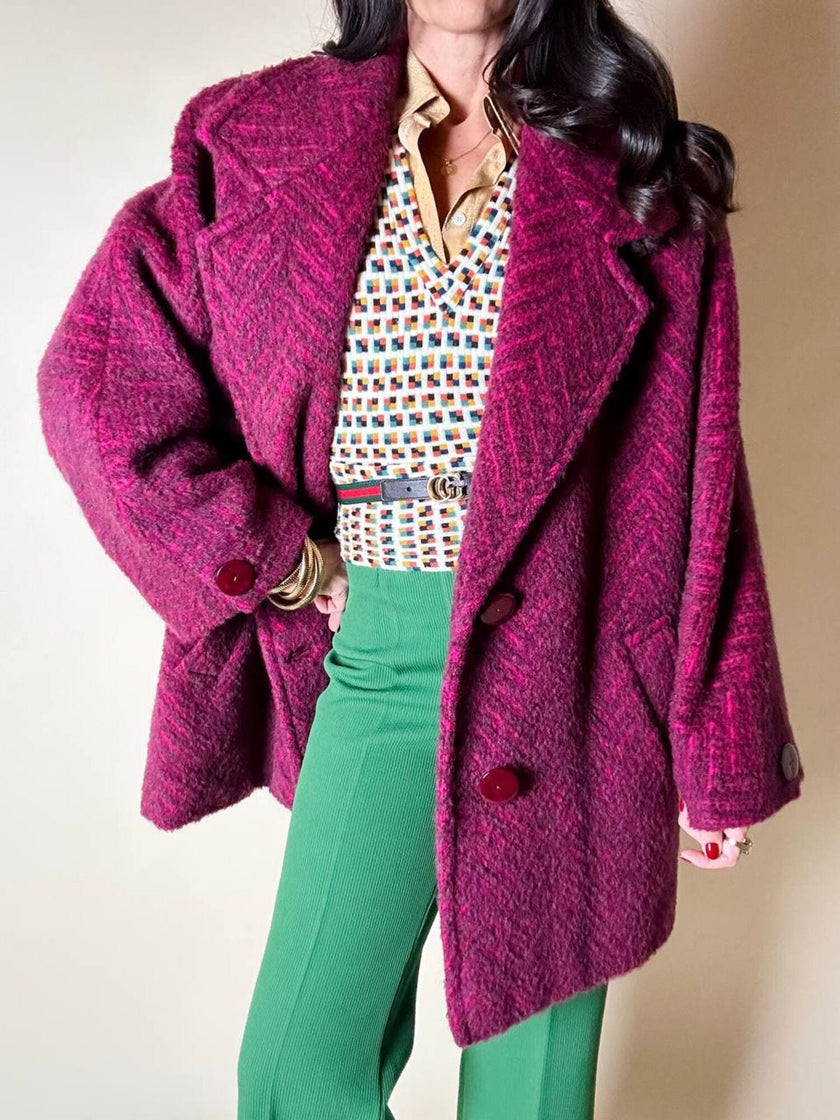 Capottino vintage spinato in tweed di lana e mohair magenta e prugna