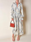 Abito Guy Laroche in crepe beige fantasia geometrica nera e azzurra