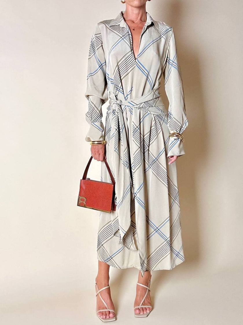 Abito Guy Laroche in crepe beige fantasia geometrica nera e azzurra