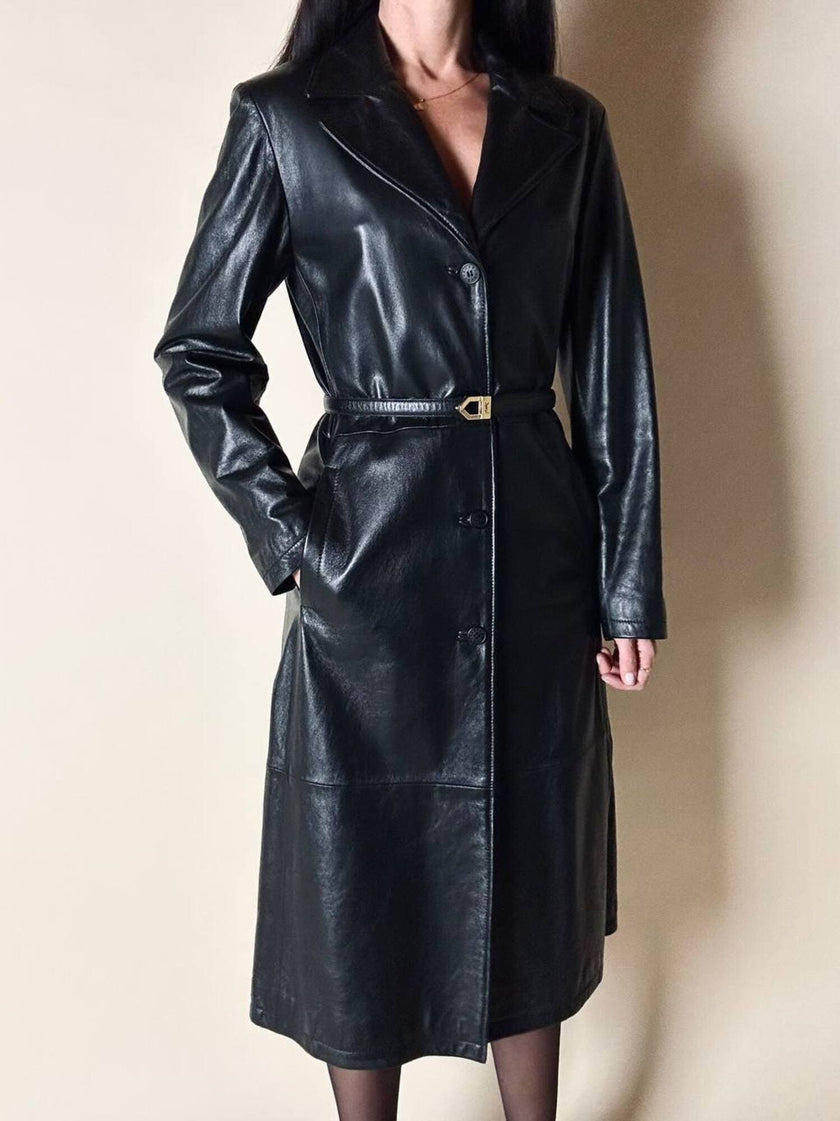 Cappotto/Robe Manteau vintage in pelle nera con spacco posteriore The Bomb