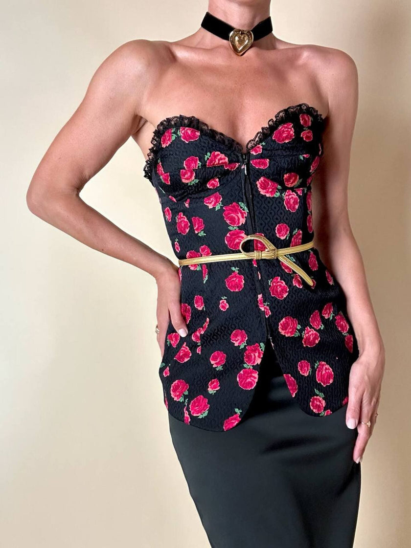 Bustier nero fantasia rose rosse in seta operata “Rena Lange”