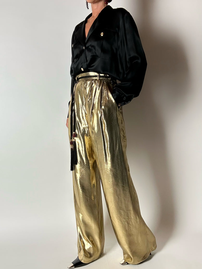 Pantalone vintage Yves Saint Laurent Rive Gauche a palazzo in seta lamé oro