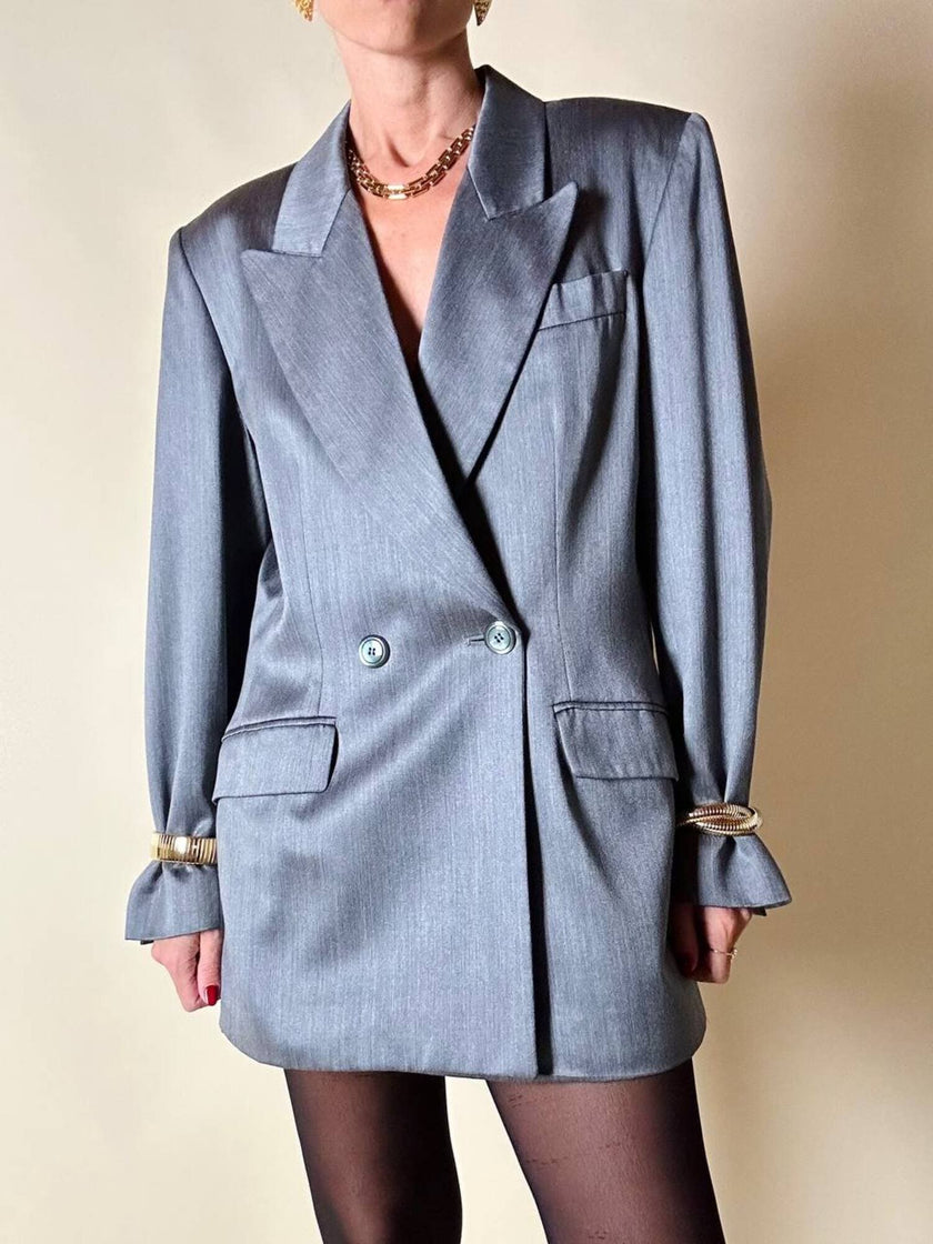 Blazer doppiopetto in rasato di lana grigio “Yves Saint Laurent”