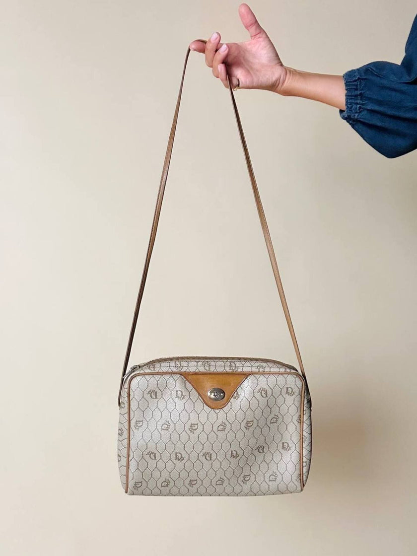 Borsa Christian Dior in tessuto jacquard logato beige con dettagli in pelle cuoio