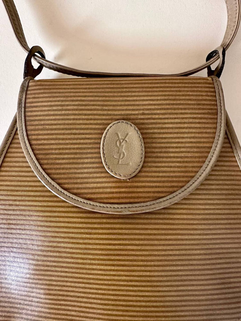 Borsa Yves Saint Laurent in tessuto plastificato millerighe color cammello con riporti in pelle argilla