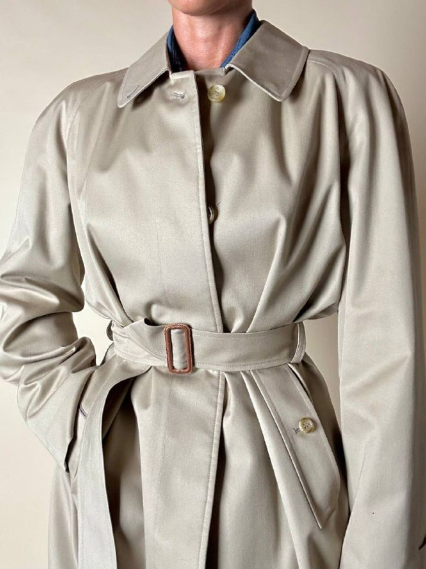 Vintage Burberry’s beige quill gabardine trench coat with matching belt and Check lining