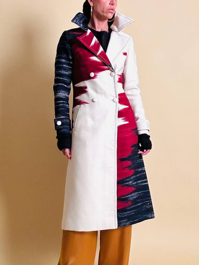 Cappotto redingote in lana fantasia astratta