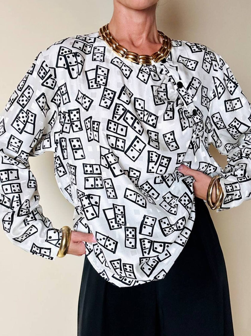 Blusa Yves Saint Laurent in tessuto jacquard bianco e nero fantasia Domino