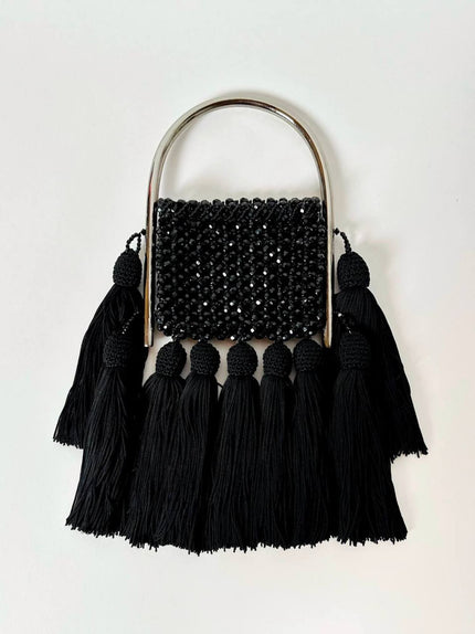 Borsa gioiello vintage in perline nere sfaccettate e maxi nappe couture