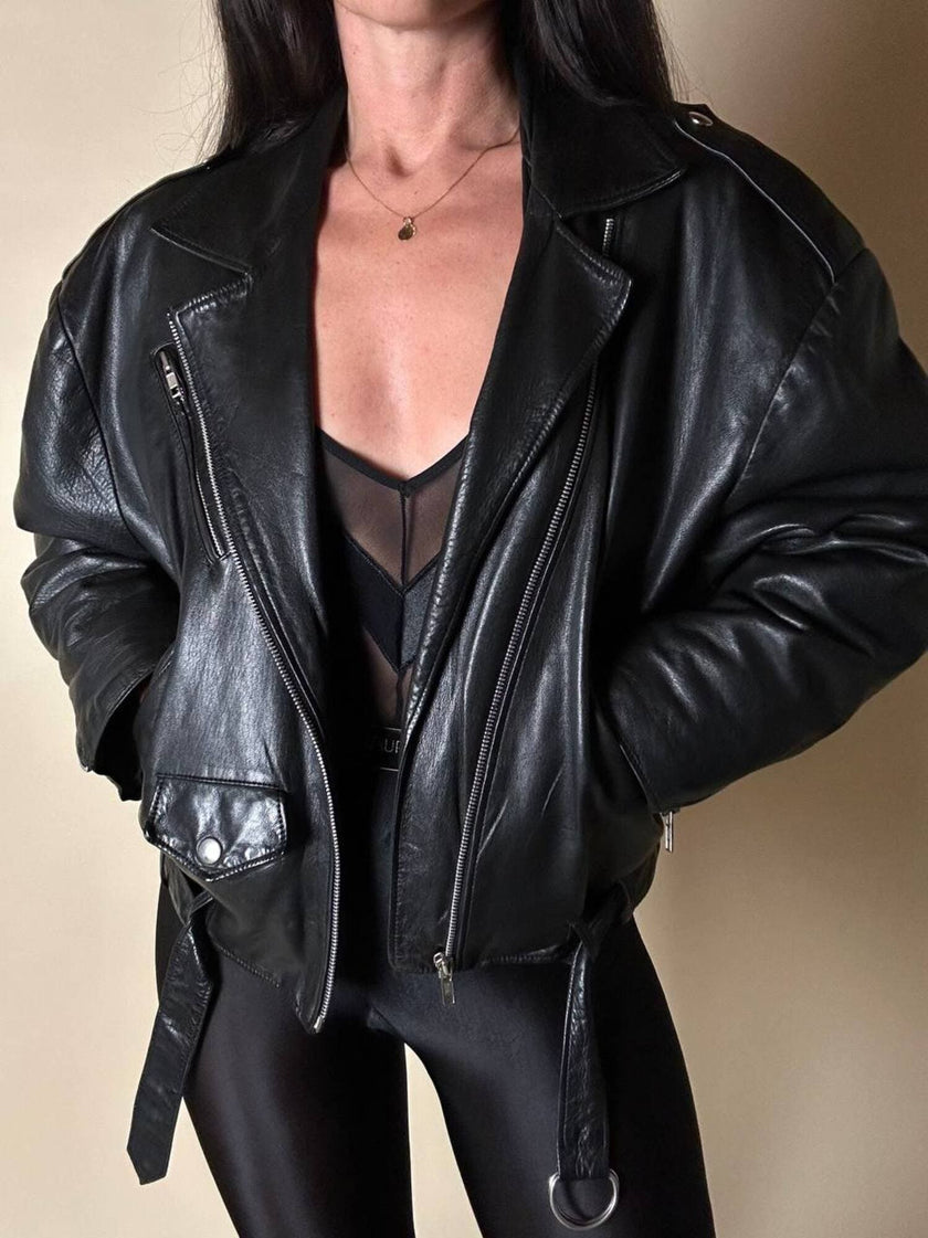 Giacca biker vintage in pelle nera ultra soft con fodera trapuntata in raso